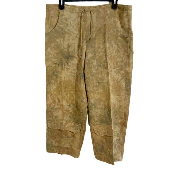 Chico’s Design Size 0 XS Brown Linen Tie Dye Print Drawstring Crop Cargo Pants - Picture 2 of 15